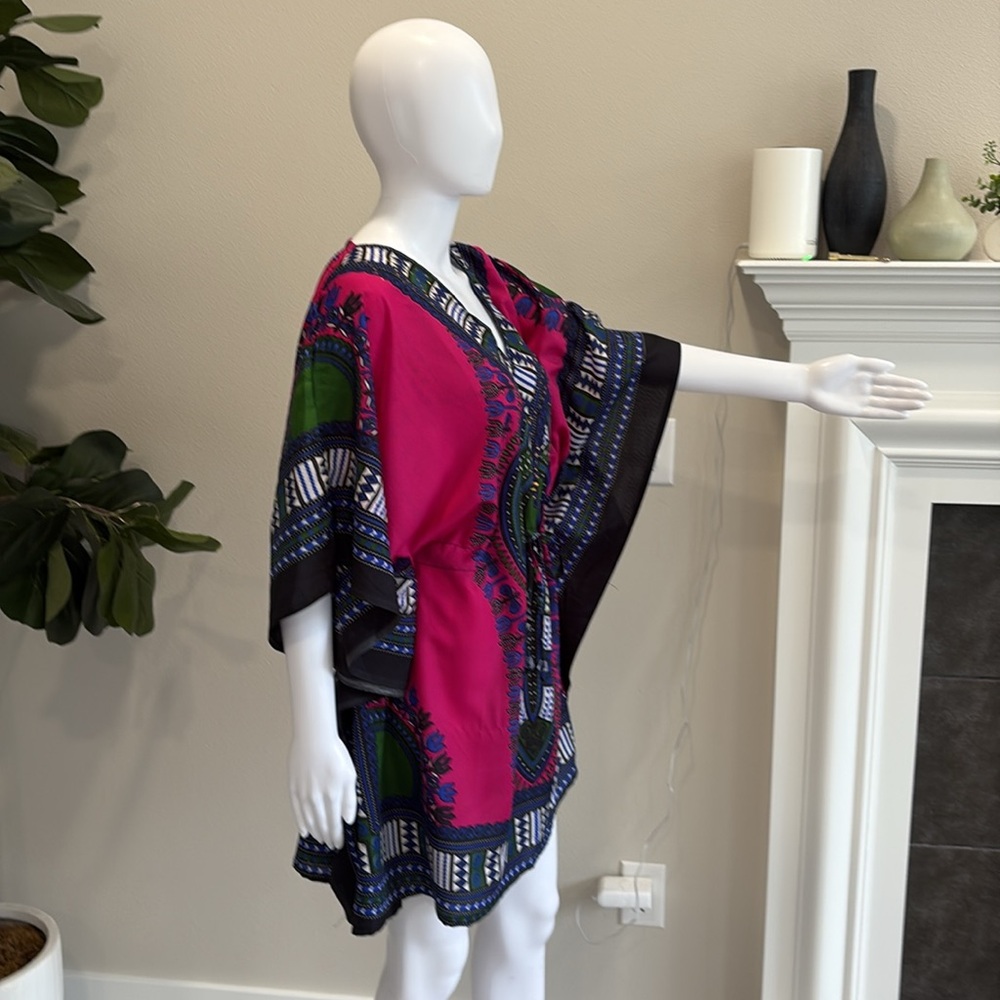 California Woman Aztec Border Patterned Caftan Beach Cover Up Drawstring Waist - Picture 7 of 13